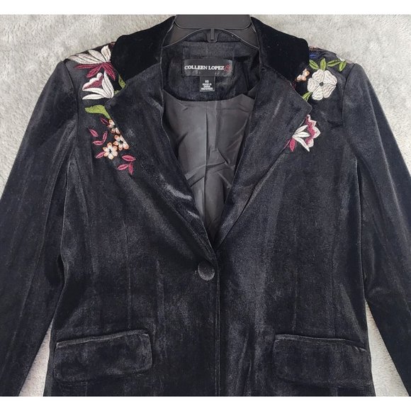 Colleen Lopez Jacket Womens Extra Small Black Velvet Floral Embroidered Blazer - Picture 7 of 12